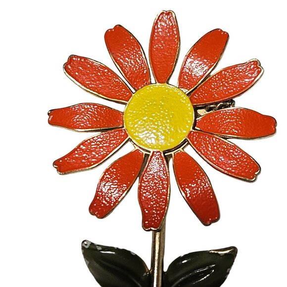 Vintage Retro Red Yellow Enamel Daisy Flower Brooch Pin 60s 70s Fashion Women - Picture 2 of 4